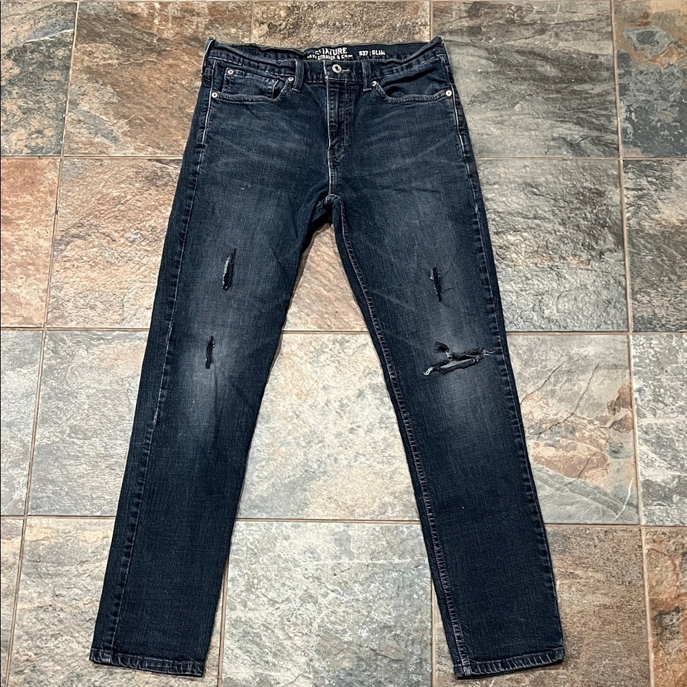 Signature by Levi Strauss Men's Dark Blue Distressed Jeans